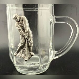 vintage Golfer MCM crystal glass mug w/pewter overlay of a golfer. 10oz 🏌️
